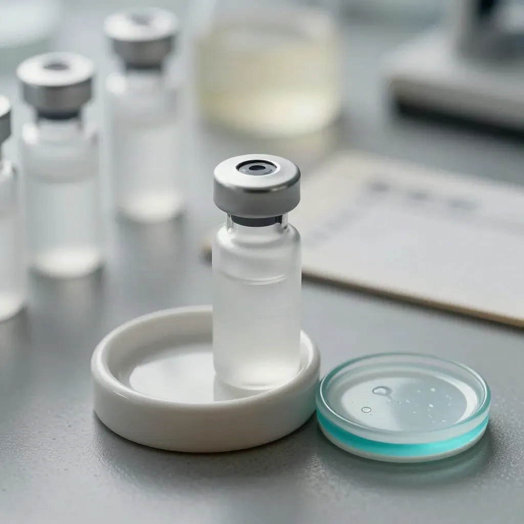 Vial da laboratorio in vetro satinato con supporto in ceramica su pietra grigia.