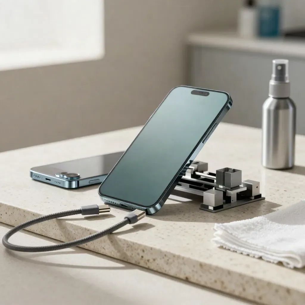 Due smartphone AR, rig in alluminio, cubi di calibrazione e cavi su travertino chiaro.