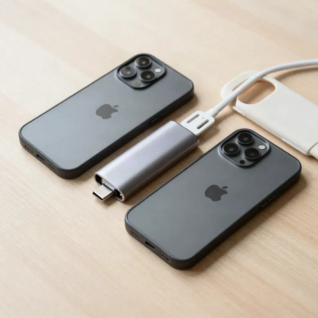 Flat lay dall'alto con due rugged phone, hub USB-C, chiave SIM e guscio su legno chiaro.