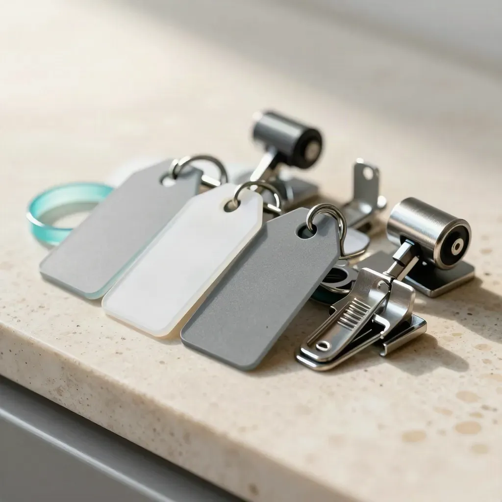 Kit premium per retail con tag RFID, clip scaffale e rulli cassa su pietra chiara.