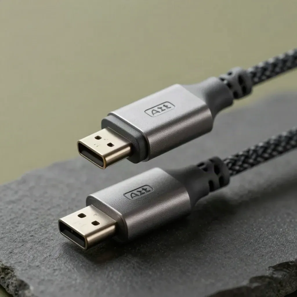 Cavo USB-C intrecciato con adattatore compatto e clip in metallo su fondo grafite.