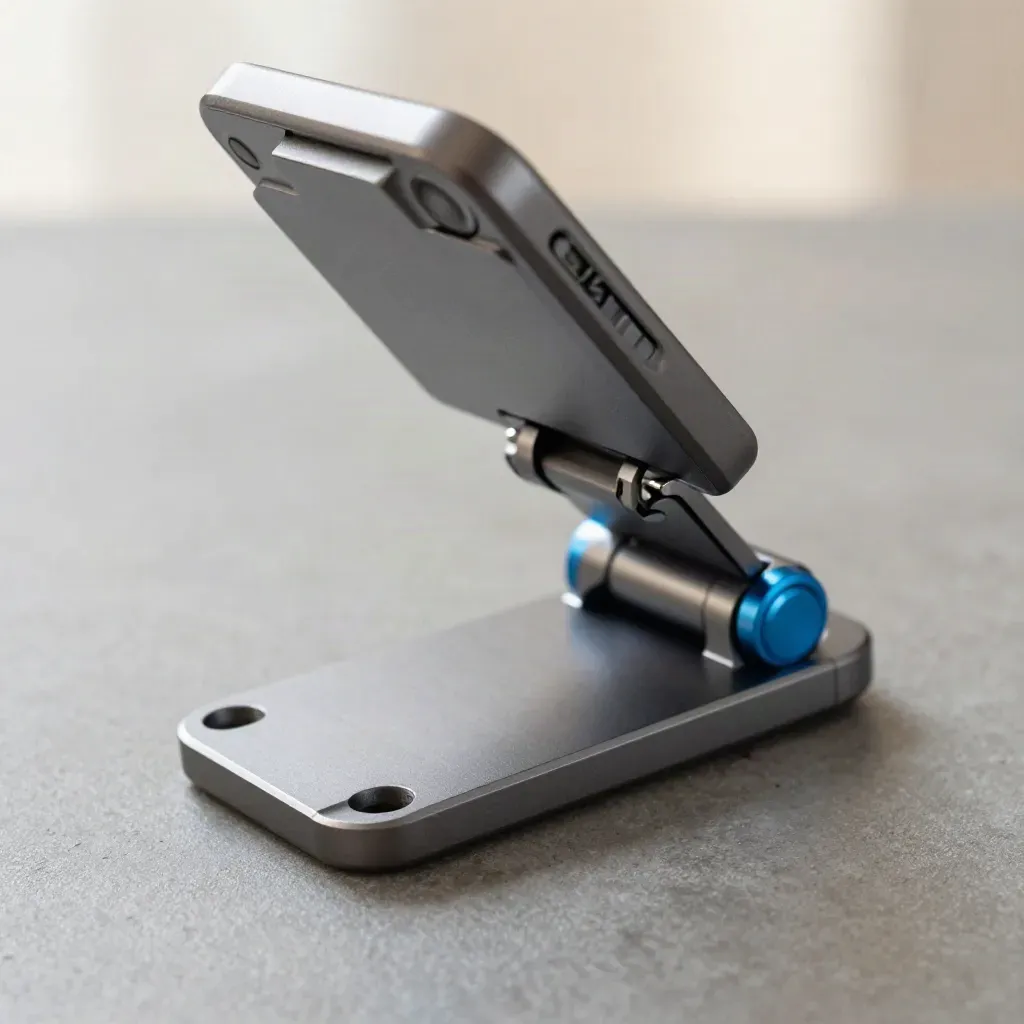 Supporto smartphone regolabile in metallo con clip cavo, su superficie grafite.