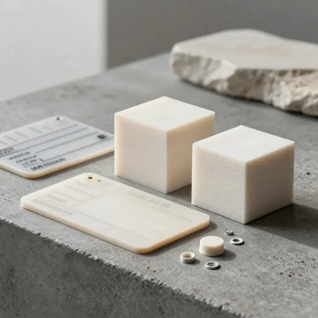 Kit scena AR visto dall’alto con piastre opache, cubo foam e blocco 3D su fondo grafite.