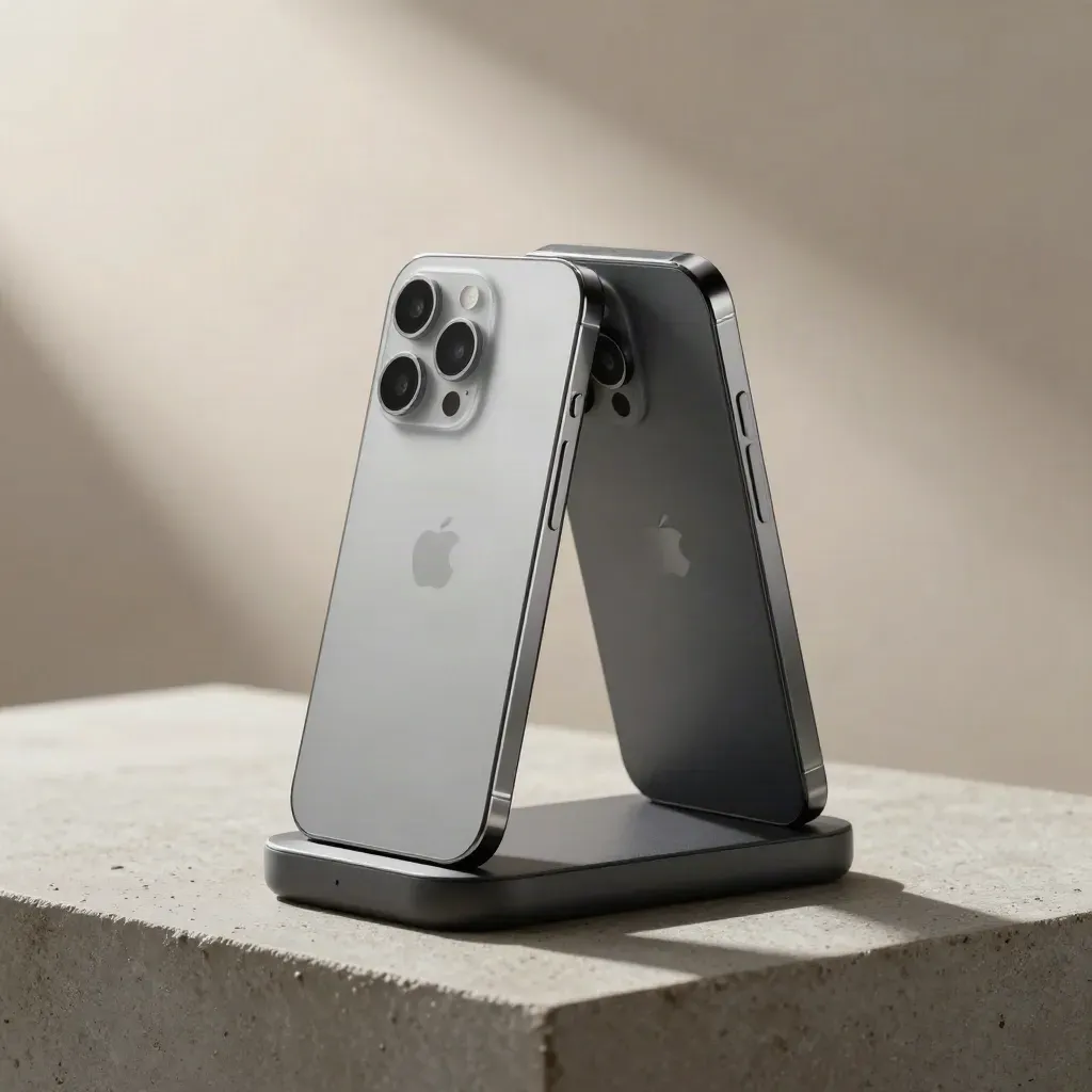 Due smartphone flagship schiena contro schiena su base neutra, luce drammatica e ombre profonde.