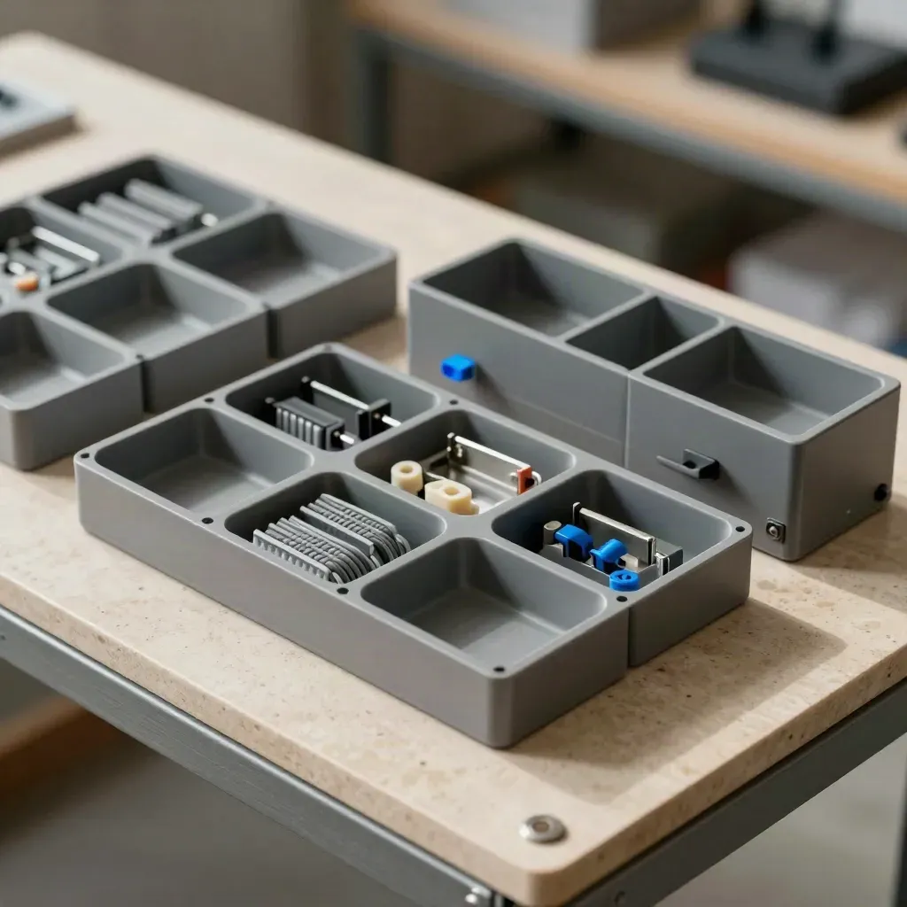 Base progetto modulare con box vuoti, guaine cavo e fermacavi allineati in griglia vista dall’alto