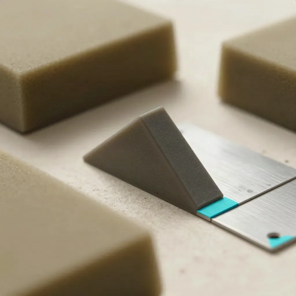 Blocchi foam, pezzo 3D stampato e piastra di prova in macro con accento ciano.