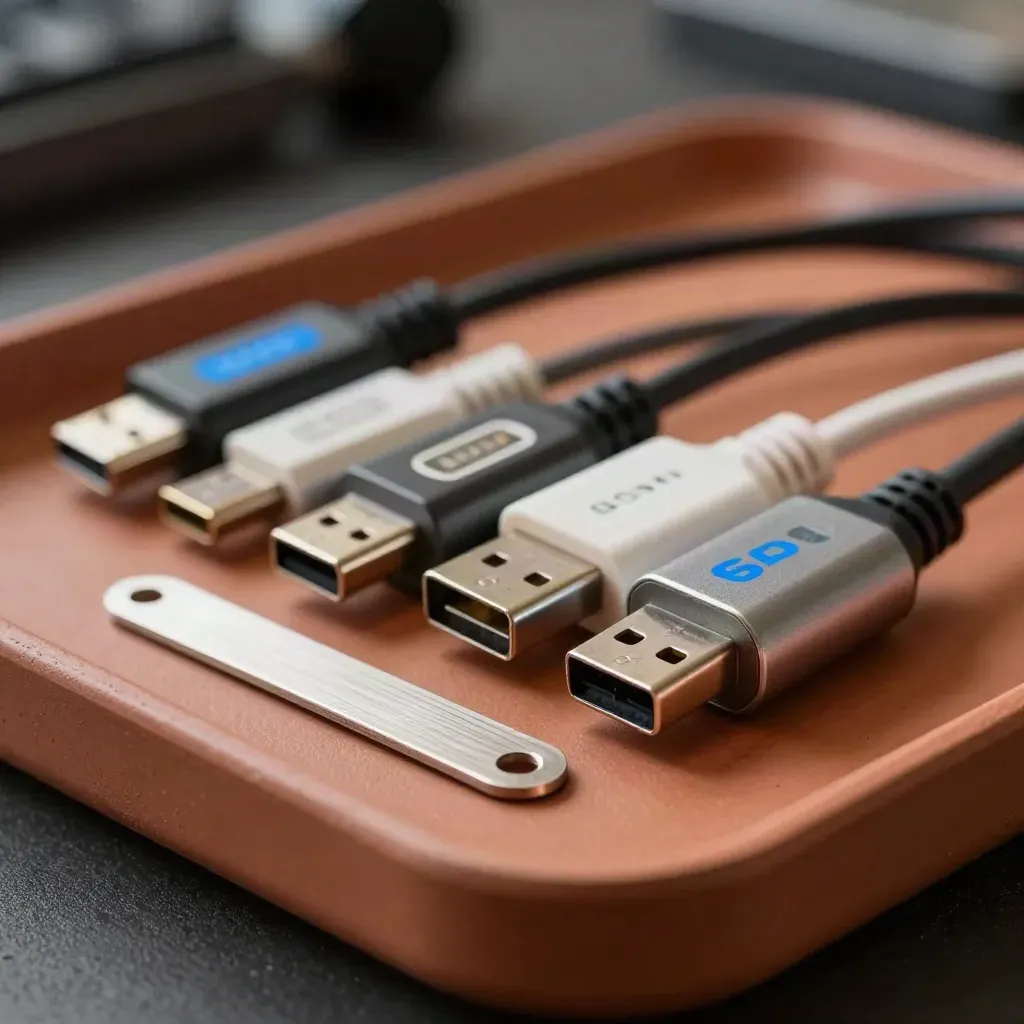 Adapter e cavi intrecciati su superficie in terracotta con luce radente e ombre morbide