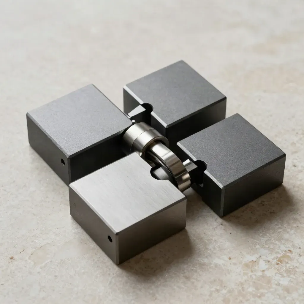 Parti metalliche modulari in composizione dall’alto su superficie chiara, luce drammatica.