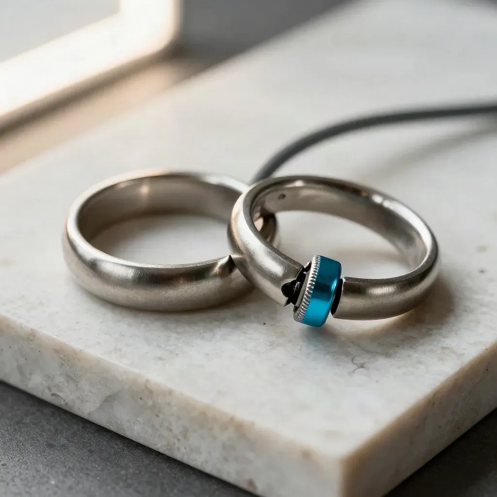 Anelli metallici e una pinza a molla su pietra chiara, macro con luce fredda.