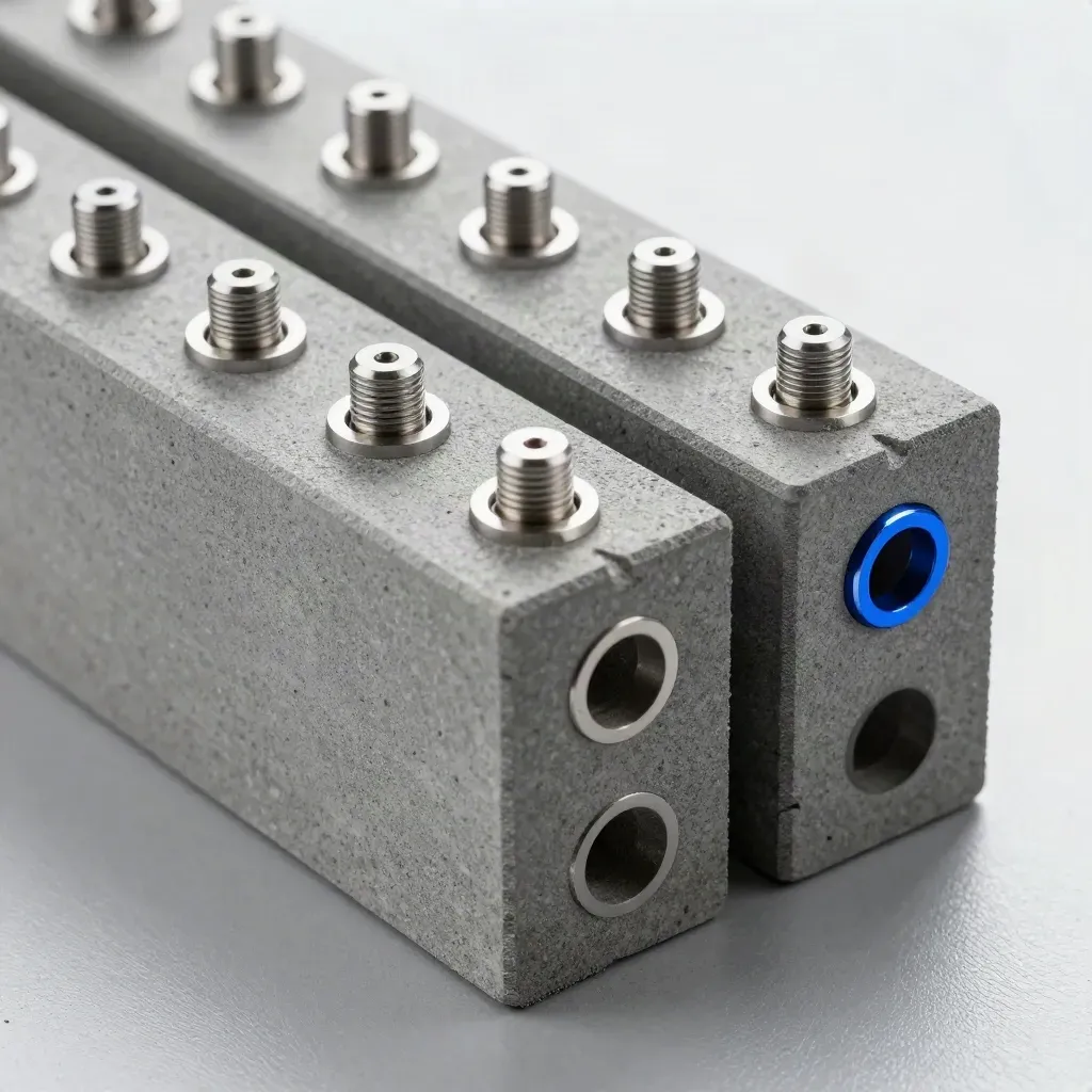 Blocchi modulari e distanziali di precisione su cemento spazzolato, con accento blu elettrico.