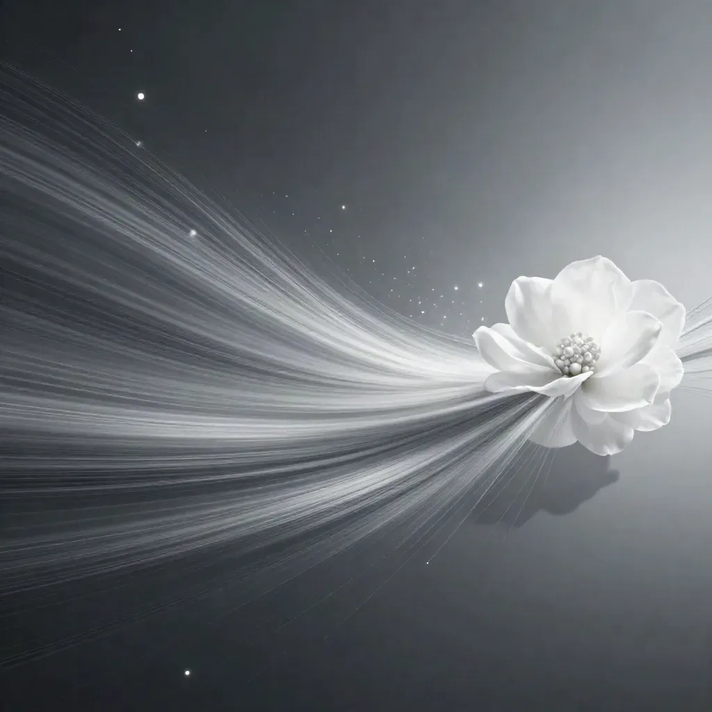 Filamenti d’argento convergono in un bloom bianco su fondo grafite, con foschia e particelle sospese.